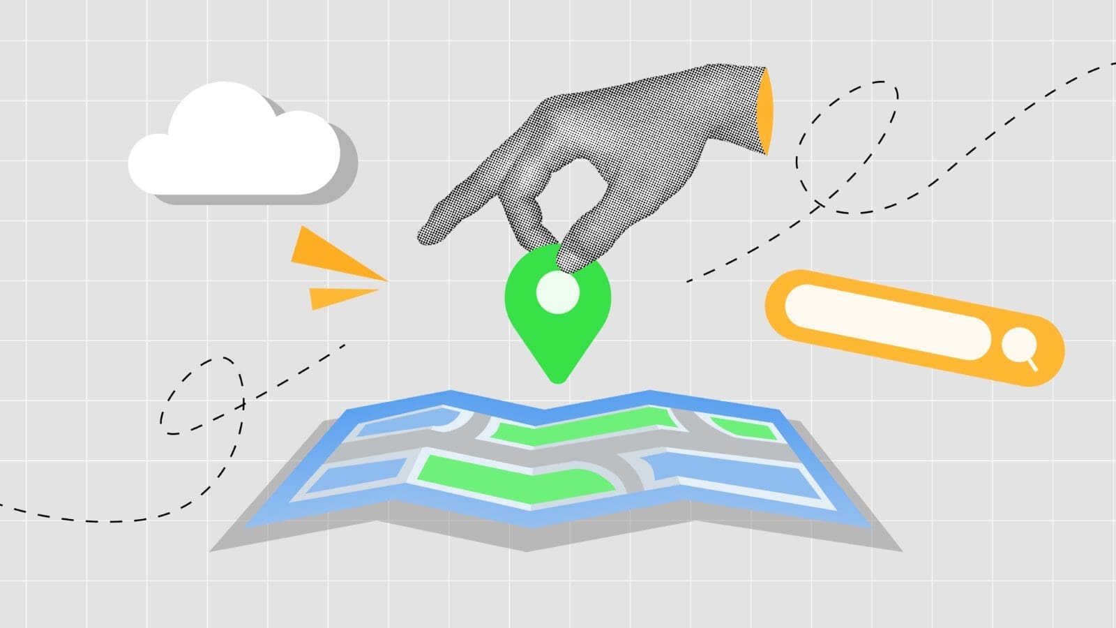 Halftone,Collage,,Interactive,Map,Navigation,,Gps,Pin,Drop,,And,Search
